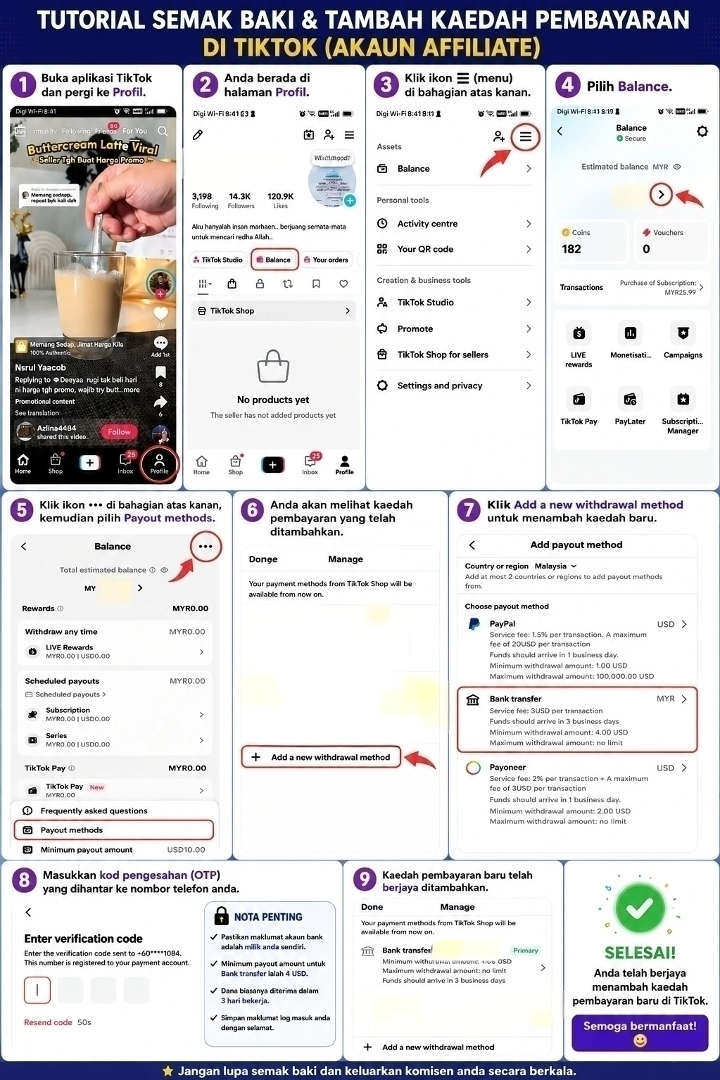 Info Grafik tatacara setup Akaun Bank untuk pengeluaran di TikTok
